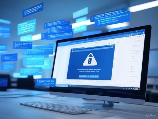 A computer screen displaying a security warning message with floating data alerts in the background.