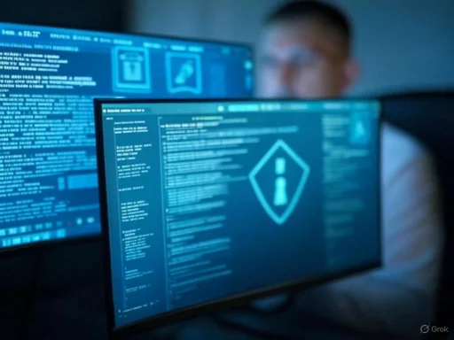 A person monitors computer screens displaying warning and code, indicating cybersecurity activity.