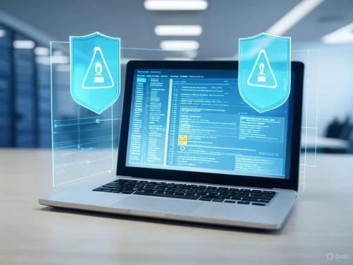 A laptop displaying email or code with digital security shields and warning icons overlayed.
