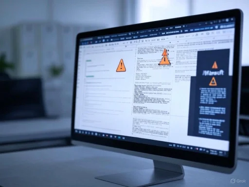 A computer monitor displays a document with warning icons, indicating a possible security or software alert.