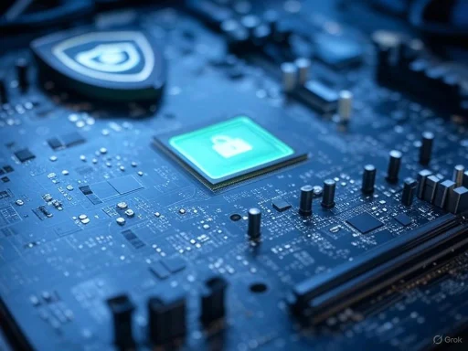 A close-up of a computer motherboard featuring a highlighted chip with a lock icon, indicating security or encryption. A close-up of a computer motherboard featuring a highlighted chip with a lock icon, indicating security or encryption.