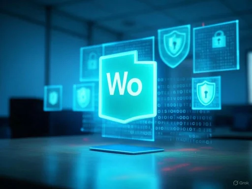 Holographic Microsoft Word icon with security shield symbols floating in a digital workspace.