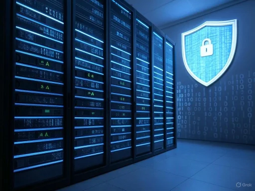 A row of server racks in a data center illuminated with blue lights, with a digital security shield on the wall. A row of server racks in a data center illuminated with blue lights, with a digital security shield on the wall.