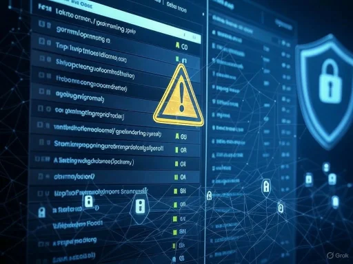 Cybersecurity warning with a lock shield and network elements on a digital interface.