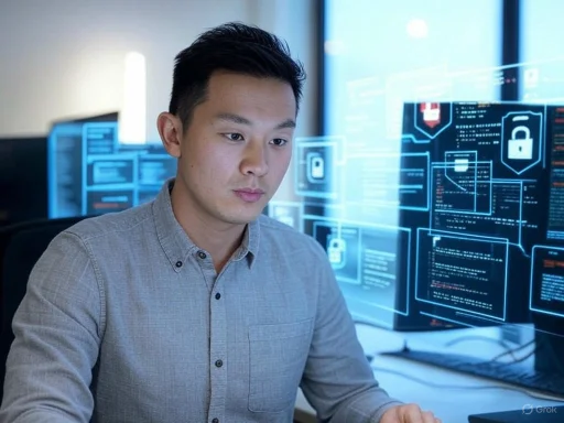 A young man working at a computer with holographic security and data interface displays.