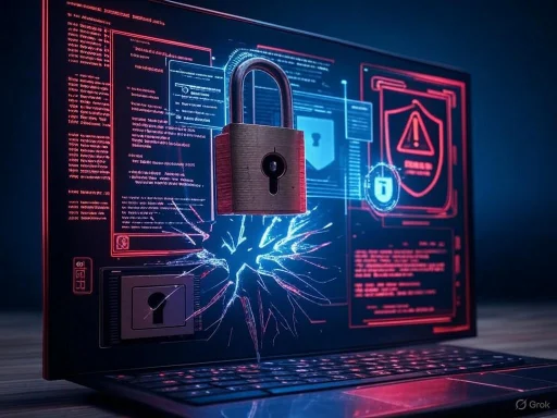 A digital lock with a broken screen, surrounded by security alert icons and code, indicating a cybersecurity breach.
