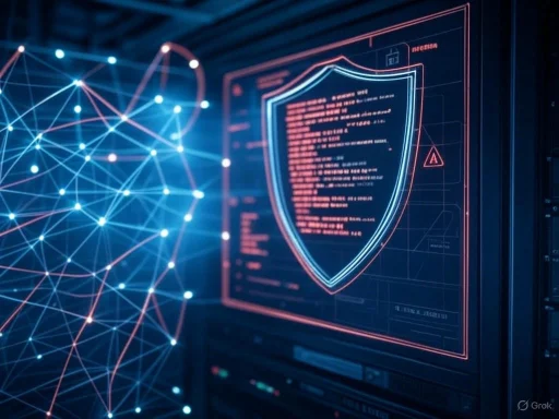 A digital network connection beside a security shield symbol displayed on a futuristic computer screen. A digital network connection beside a security shield symbol displayed on a futuristic computer screen.