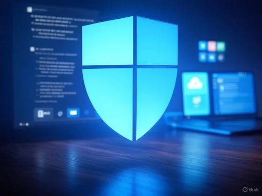 A digital shield icon representing cybersecurity, with screens displaying code and apps in the background. A digital shield icon representing cybersecurity, with screens displaying code and apps in the background.