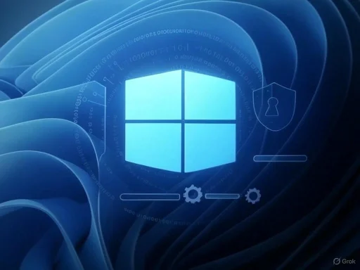 A digital representation of a Windows logo with security and settings icons, featuring a futuristic blue abstract background. A digital representation of a Windows logo with security and settings icons, featuring a futuristic blue abstract background.