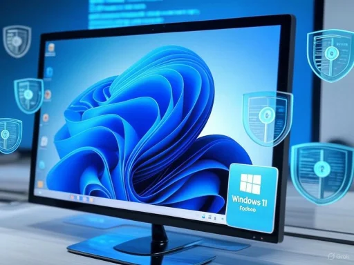 A computer screen displaying Windows 11 with security shield icons floating around.