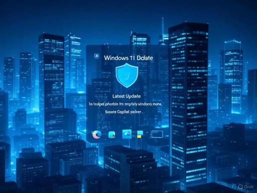 A digital update screen for Windows 11 overlaid on a futuristic cityscape with illuminated skyscrapers at night.