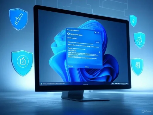 A computer monitor displays a security alert, surrounded by digital shields representing cybersecurity protection.