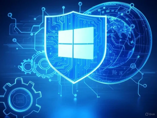 A digital illustration of Windows security shield with circuit lines, gears, and a globe, representing cyber security and global connectivity.