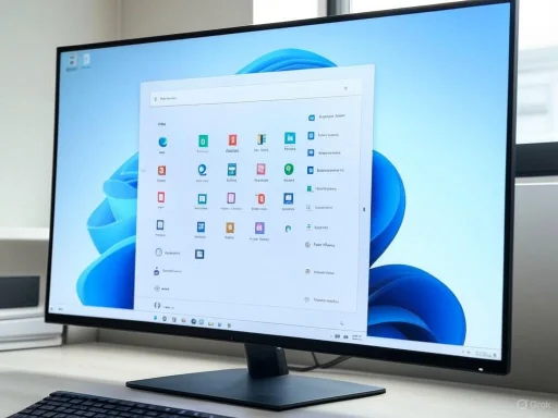 A computer monitor displays the Windows 11 Start menu on a tidy office desk.