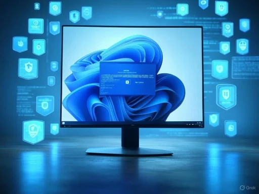 A computer monitor displays a blue Windows background surrounded by digital security and protection icons.