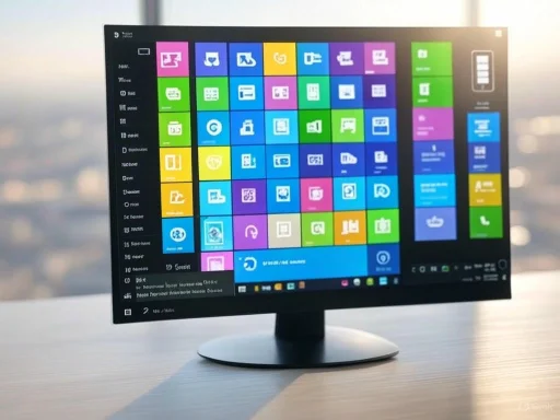 A computer monitor displays a colorful tile-based interface with numerous app icons and a blurred cityscape background.