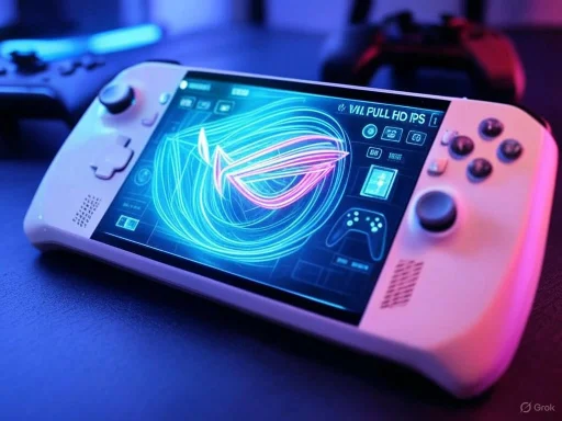 A handheld gaming console displaying a neon logo with gaming icons, surrounded by gaming controllers in a dark, colorful setting.