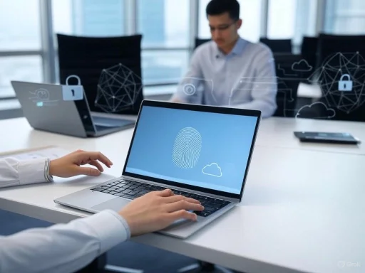 Person using a laptop with a fingerprint scanner in an office with digital security icons displayed.