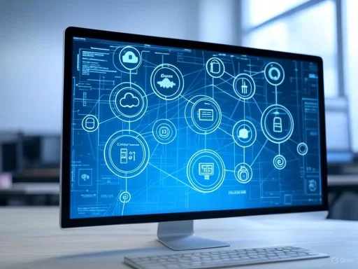 A computer monitor displays a digital network of interconnected icons representing security, cloud storage, and data management.