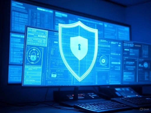 A digital security interface with holographic shield and lock icons on multiple monitors.