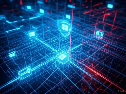 Digital security network with shield icons representing cybersecurity protection in a neon grid.
