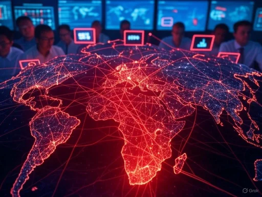 A digital global network displayed over a map of the world with people analyzing data on screens in the background.