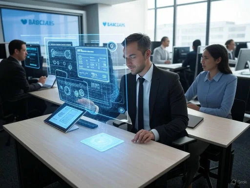 A businessman interacts with a holographic digital interface in a modern, high-tech office environment. A businessman interacts with a holographic digital interface in a modern, high-tech office environment.