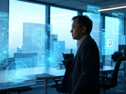 A man in a suit looks at futuristic holographic data displays in a modern office.