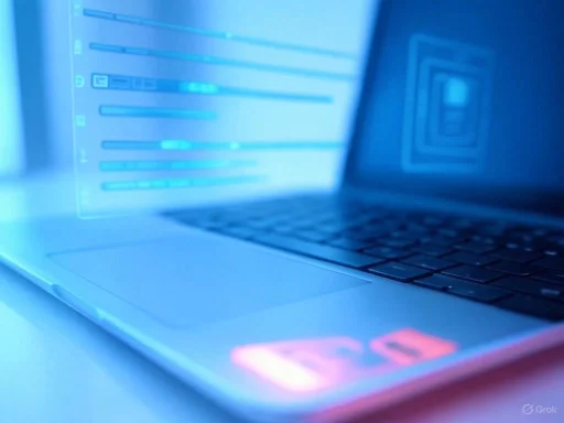 A close-up of a laptop with glowing screen elements and a blurred animated display on the screen.