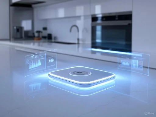 A sleek, futuristic robot vacuum with holographic data displays in a modern kitchen.