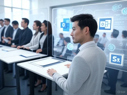 A professional man presents in front of a virtual screen with Microsoft Office icons during a business meeting. A professional man presents in front of a virtual screen with Microsoft Office icons during a business meeting.