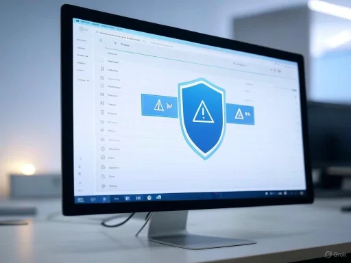 A computer screen displays a security warning with a shield icon, indicating a malware or alert notification. A computer screen displays a security warning with a shield icon, indicating a malware or alert notification.