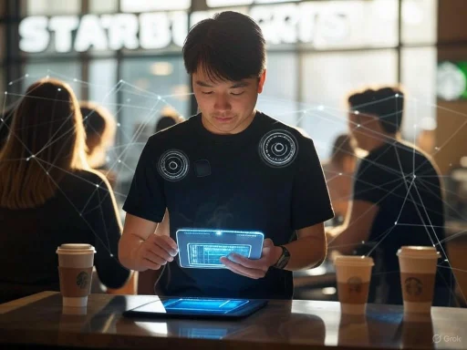 A young man using a futuristic holographic device in a coffee shop with Starbucks cups on the table.