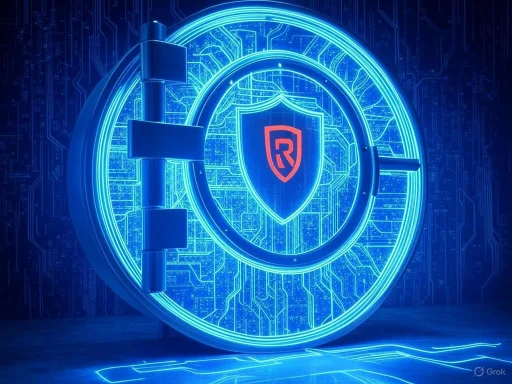 A digital neon illustration of a vault door with a shield emblem in the center, symbolizing cybersecurity or data protection.