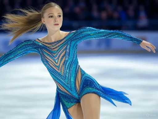 A female figure skater in a vibrant blue costume performs on ice, with her hair flowing behind her. A female figure skater in a vibrant blue costume performs on ice, with her hair flowing behind her.