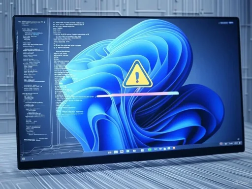 A computer monitor displays a warning sign with a progress bar, indicating a system error or alert.