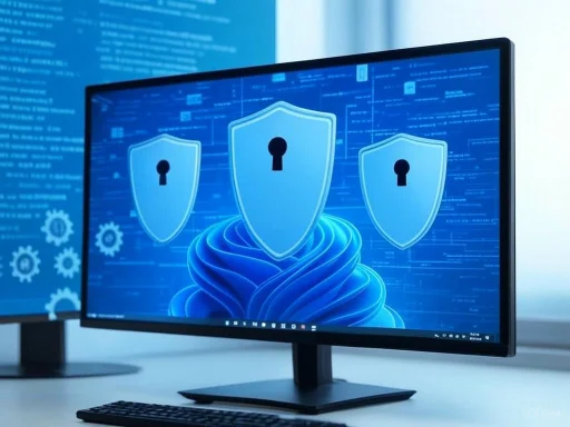 Computer screens displaying digital security shields with padlock icons symbolizing cybersecurity.