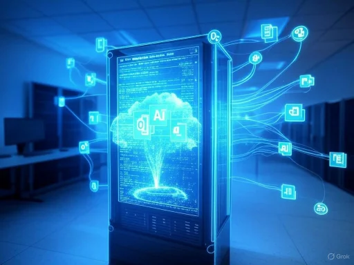 A digital server with data streams and AI icons illustrating artificial intelligence and data processing technology.