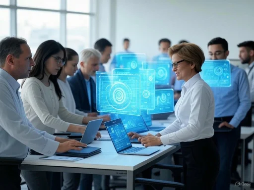 A diverse group of professionals in a modern office with holographic digital interfaces during a meeting or workshop.