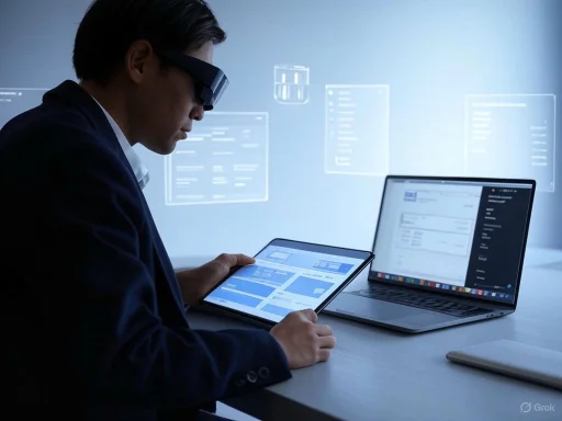 A man wearing augmented reality glasses works on a tablet and laptop in a high-tech digital environment.
