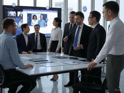 A diverse group of professionals discusses a presentation or project in a modern conference room.