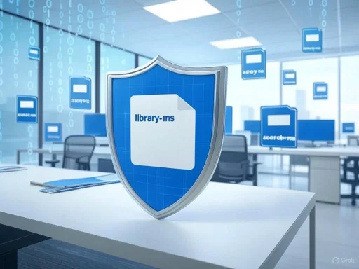 A digital shield with a folder icon labeled 'llibrary-ms' in a modern office, symbolizing data security and protection.