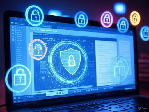 A digital security concept with glowing padlock icons and a shield displayed on a laptop screen.