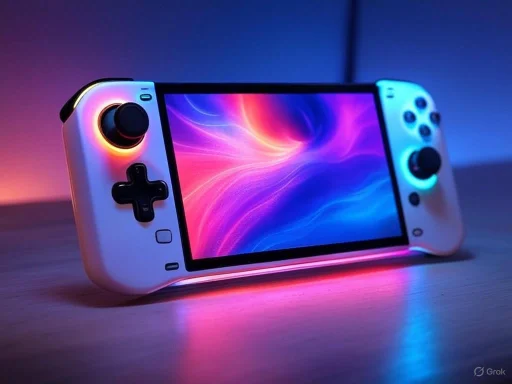 A handheld gaming console with neon-colored LED lights and a vibrant, swirling display on its screen.