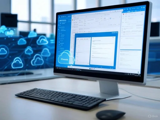 A computer screen displaying a digital workspace with email and cloud storage applications in an office setting.