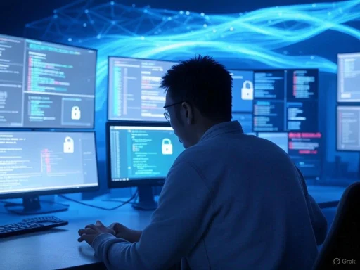 A person working on multiple monitors displaying code and security icons in a high-tech, cybersecurity environment.