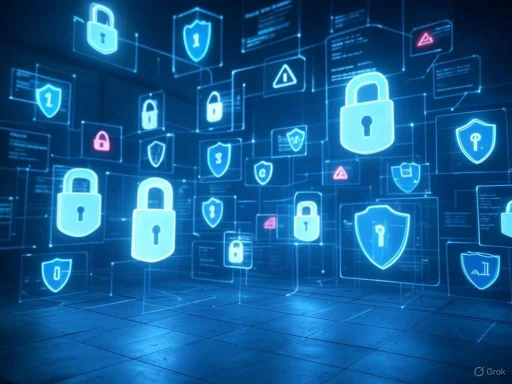 Digital security illustration with glowing padlocks and shields representing cybersecurity and data protection.