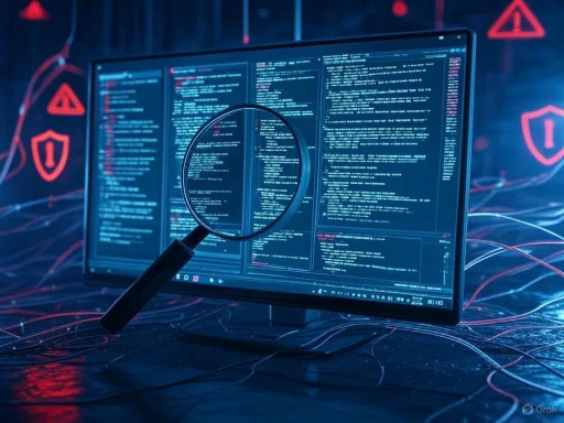 A computer screen displays lines of code with a magnifying glass, surrounded by digital security icons and network connections. A computer screen displays lines of code with a magnifying glass, surrounded by digital security icons and network connections.