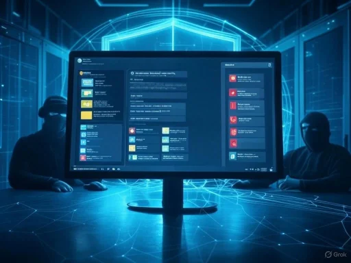 Two hackers wearing masks work on a computer in a high-tech, digital environment with glowing blue data lines.
