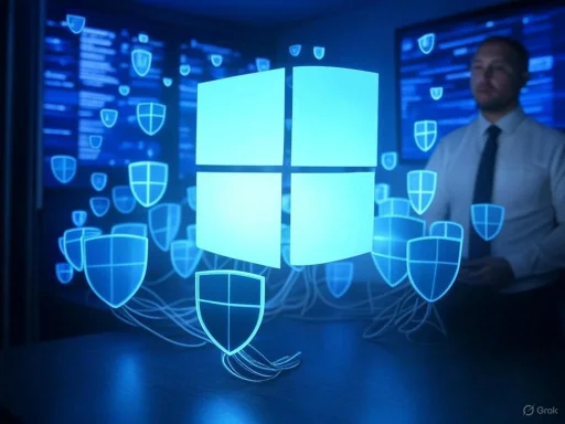 A person in a suit observes digital shields representing cybersecurity around a glowing Windows logo.